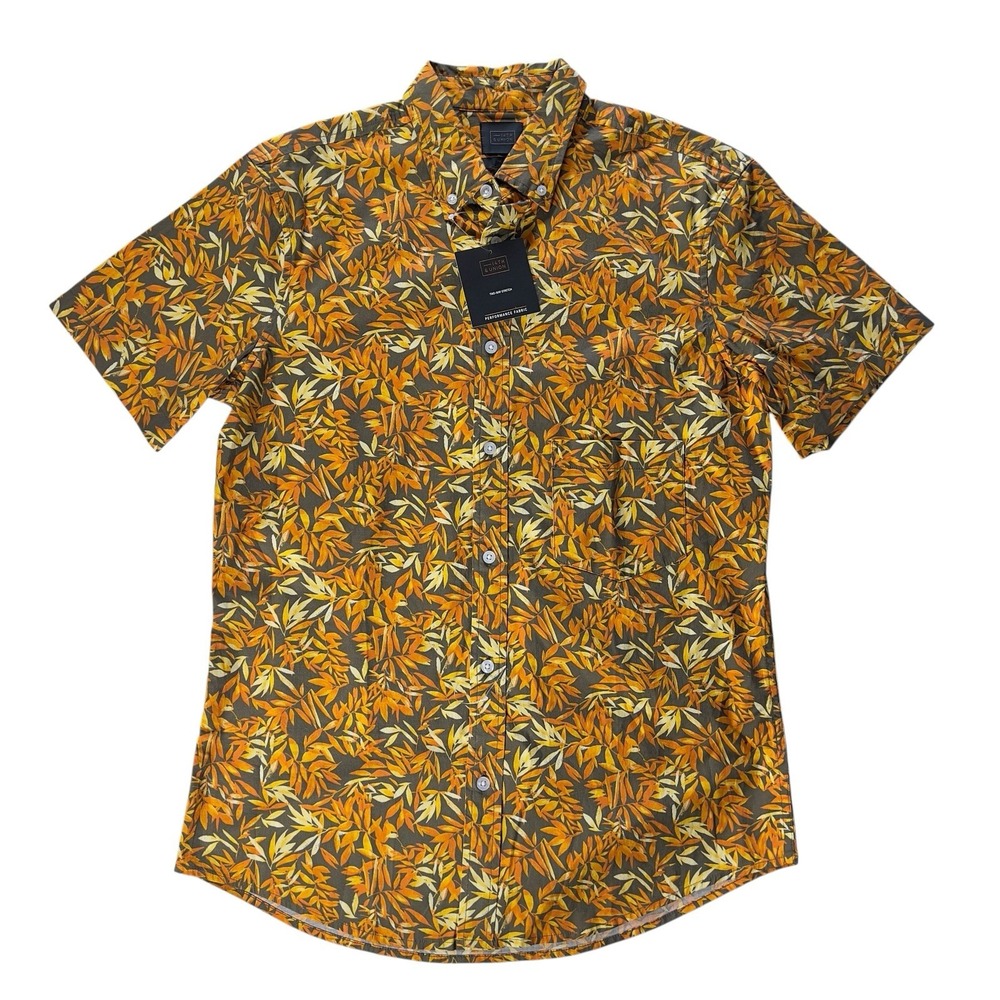 NWT 14th & Union Button Down Men's M Trim Fit Leaf Print Short Sleeve Stretch
